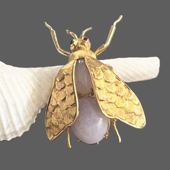✨Vintage 1950s Handmade 18K Gold Italian Bee Brooch | Lavender Jade & Ruby Eyes - Picture 13 of 13